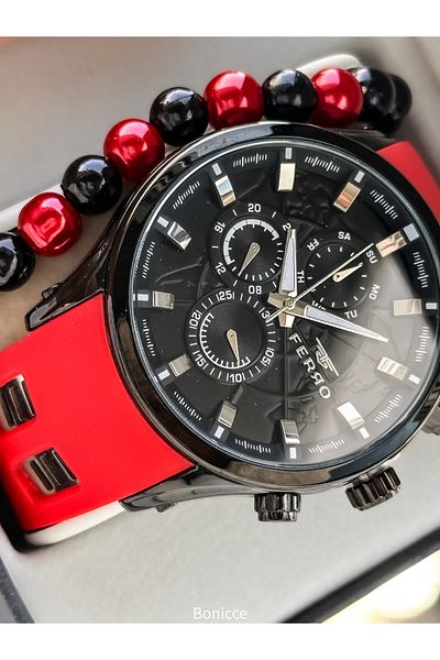 FERRO Sports Men's Watch, Active Functions, Red Silicone, with Calendar, Bracelet Gift