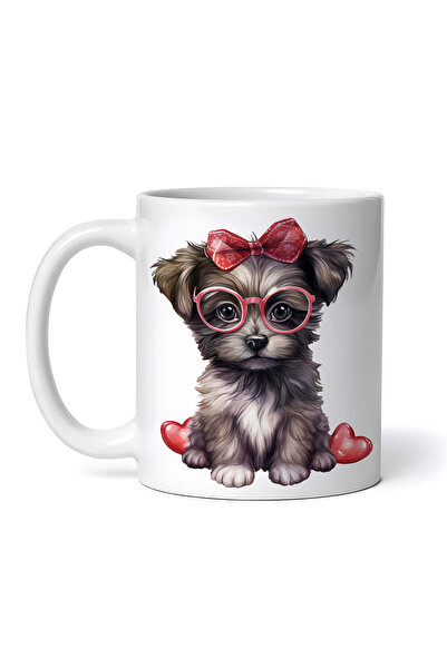 OEM Cană albă personalizată, Yorkshire Terrier cu ochelari, fundă roșie și inimioare, INOVATIX®. 330ml