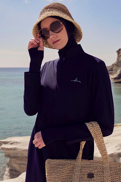 Haşema Esila Navy Blue Gilet 5 Piece Full Hijab Swimsuit Set 2934
