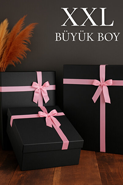 SİMGE KUTU Büyük Boy XXL Siyah 3'lü Pembe Kurdeleli Siyah Hediye Kutusu Sert ...