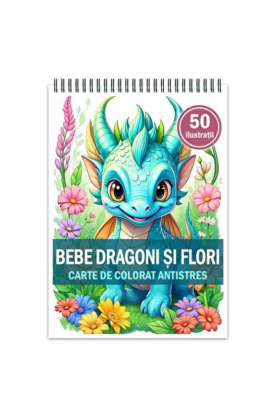 Legendary Gifts Carte de colorat antistres, 50 de ilustrații cu pui de dragon și flori, format A4