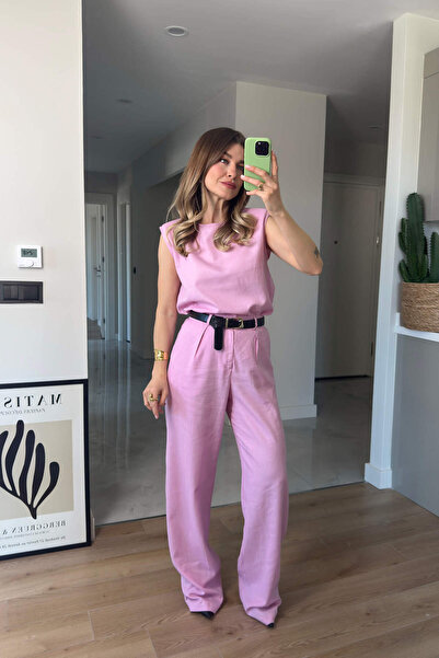 Sue Store Pembe Vatkalı Kolsuz Keten Bluz Pantolon Takım