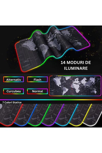 Velixo RGB Mousepad 80x30cm, Non-Slip, Waterproof, World Map, LED Lighting, USB Cable Included