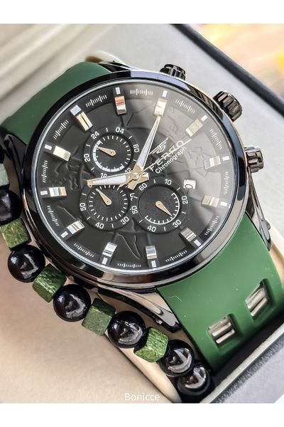 FERRO Sport Men's Watch, Active Functions, Green Silicone, with Calendar, Bracelet Gift