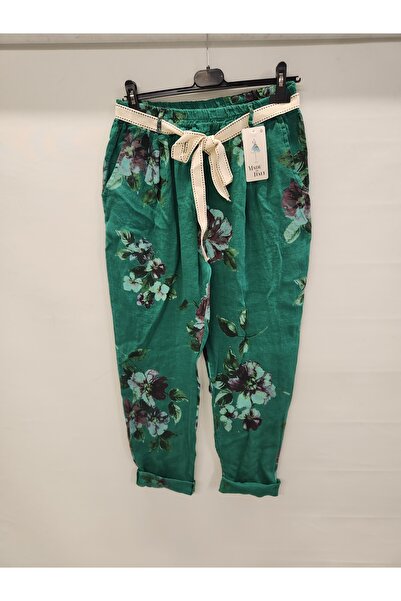 della moor Women's Green Italian Floral Patterned Carrot Linen Trousers
