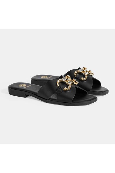 Desa Women's Black Stone Buckle Accessory Leather Slippers