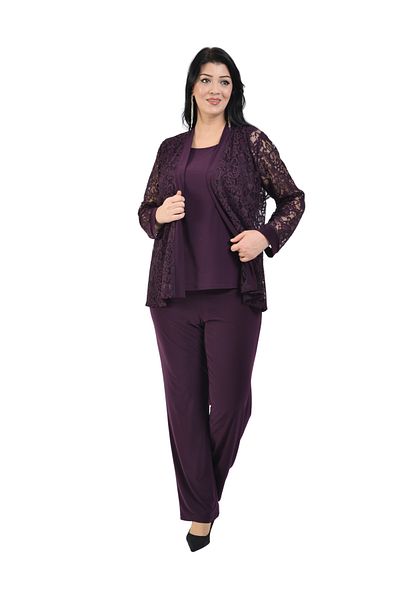 LİLAS XXL Plus Size Plum Colored Lace Jacketed Evening Dress Trousers Blouse Set