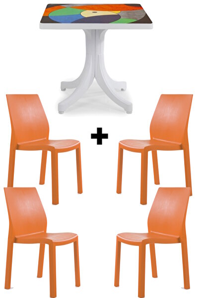 Papatya Yummy Plastik Bahçe Balkon Seti Turuncu Multi : 80x80 Masa + 4 Sandal...