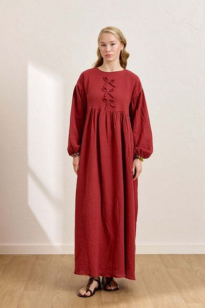 Ceylan Otantik Burgundy Muslin Bow Belroba Dress