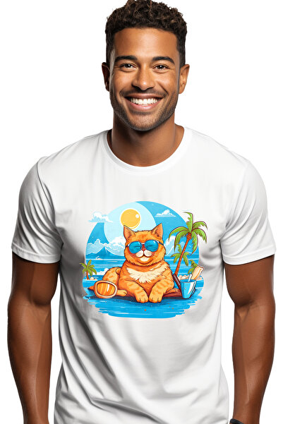 StoryGift Romania Tricou bărbătesc cu o pisică la mare, ochelari de soare, pa...