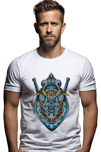 StoryGift Romania Tricou Barbati Cu Craniu, Coif, Sabie, Lant, Schelet, Emblema, Fantasy, cu imprimeu pe Fa STG