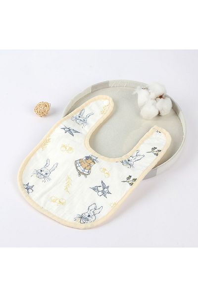 Flippy Bavetă Bebe forma de U, Bumbac, 0–12 Luni, Impermeabilă, Capse, Model Iepuraș, 21x30cm, Bej