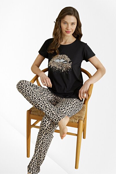 seamlife Γυναικείο σετ πιτζάμα από 100% βαμβακερό ύφασμα με μαύρο λεοπάρ σχέδ...