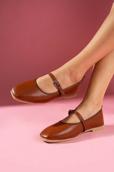 AYAKCİTY Women's Natural Buckle Belt Banded Ballerinas Daily