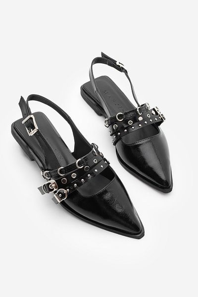 Marjin Damen-Ballerinas mit spitzer Zehenpartie und Riemchen, hinten offen, Moreno Schwarz