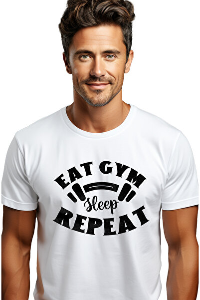 StoryGift Romania Tricou bărbătesc cu o ganteră și mesajul „mănâncă Gym, Slee...