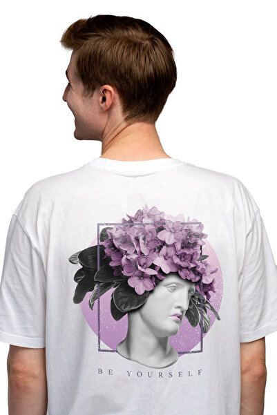 StoryGift Romania Men's T-shirt With Statue Female Face With A Pink Flower Crown, Abstract Art, Text In Stg