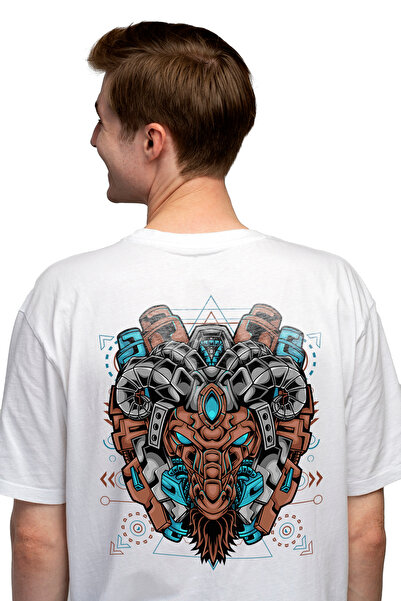 StoryGift Romania Tricou Barbati Cu Cap De Tap, Coarne, Barba, Mecha, Robot, SF, cu imprimeu pe Spate, 100% STG