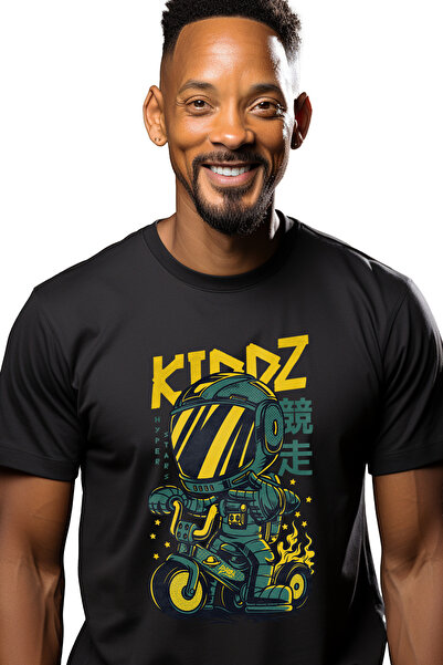 StoryGift Romania Men's T-shirt With Silhouette Of Man In Metal Suit On Bicycle, Robot Child, Text In Englishstg