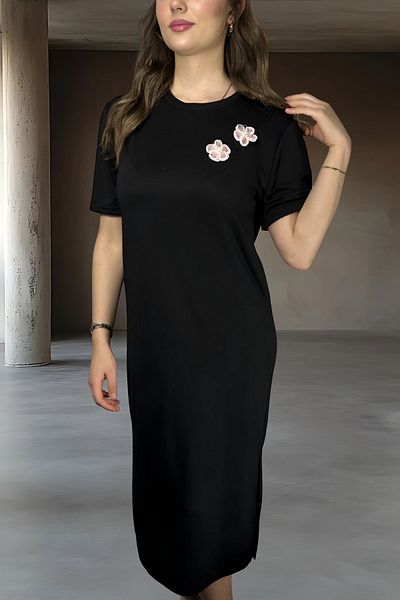mefru Rochie lungă cu mânecă scurtă din țesătură modal cu detaliu floral pentru femei