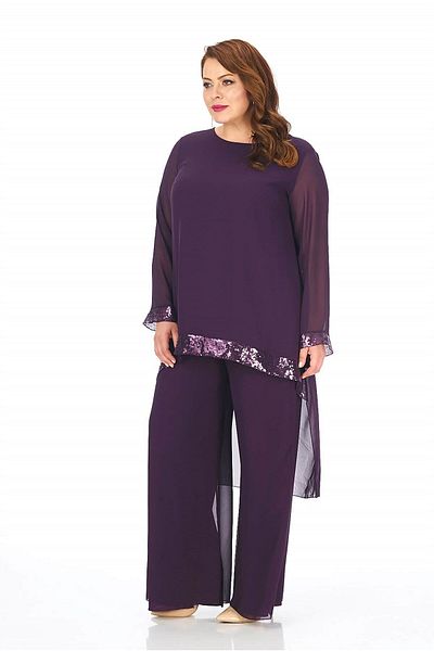 LİLAS XXL Set de bluză cu pantaloni de seară din șifon de culoare prune de mărime mare