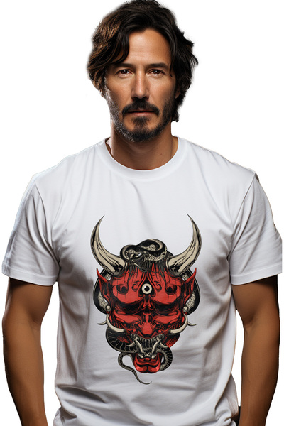 StoryGift Romania Tricou Barbati Cu Cap De Demon, Oni, Ochi, Asiatic, Sarpe, Coarne, cu imprimeu pe Fata, 1 STG