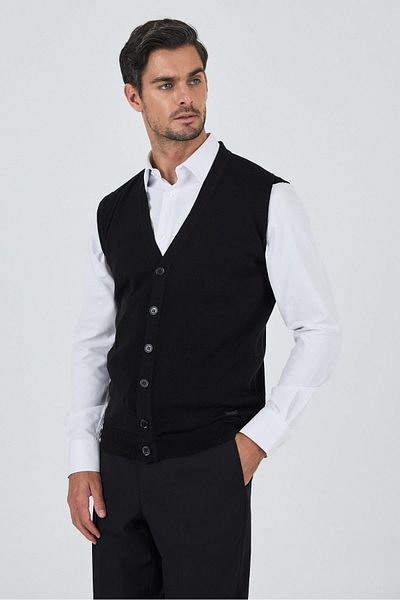 İmza Black Knitted Pocketless V-Neck Vest Knitwear 1012245164