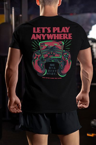 StoryGift Romania Men's T-shirt With Colorful Text In English Let's Play Anywhere, Video Game Controller, Ecrstg