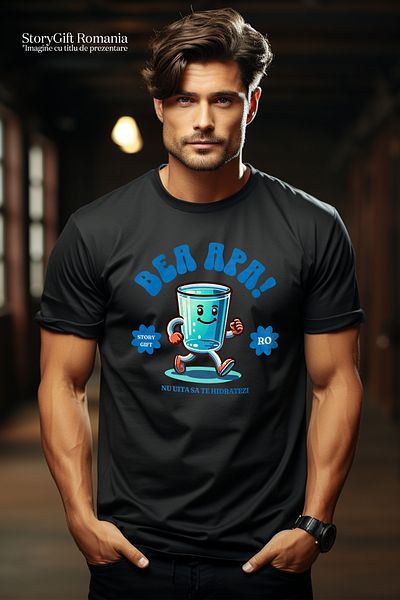 StoryGift Romania Tricou Barbati Bea Apa - Nu Uita Sa Te Hidratezi Cu Imprimeu Pe Fata, 100% Bumbac, Negru, Stg