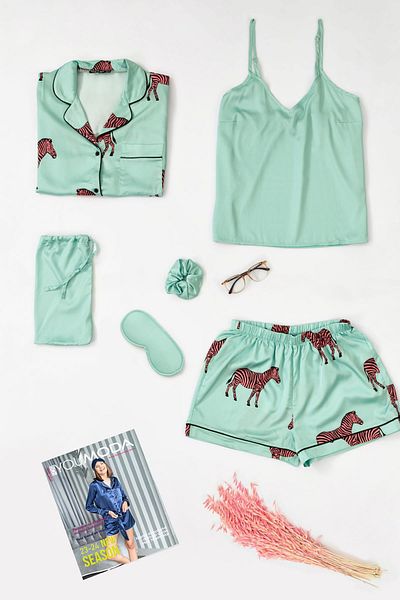 for you sleepwear 6-Piece Zebra Pattern Green Satin Pajama Shorts Set