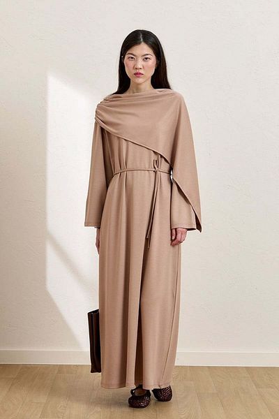 Ceylan Otantik Caramel Shawl Collar Dress