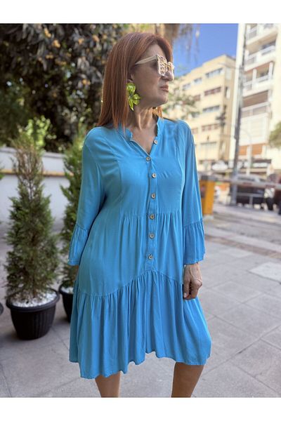 DenizEge Φόρεμα L-Ruffle Viscose Μπλε