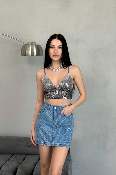 alanora Women's High Waist Stone Lycra Mini Jean Skirt