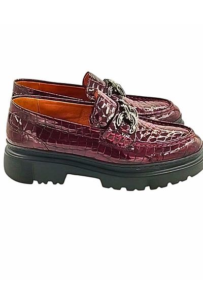 Oneka Shoes 130824Lktr988 Men's Casual Loafer Ring Buckle Burgundy Crocodile Patent Leather