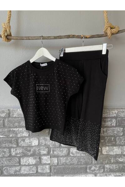 Linoş Kids Kız Çocuk Bayramlık Kapri İki İp Kompak Penye Taşlı Takım