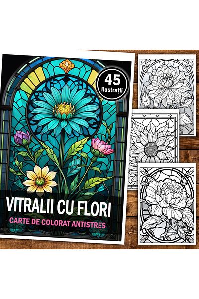 Legendary Gifts Anti-stress Coloring Book, 45 Illustrations, Stained Glass Flowers, 96 Pages, Format: A5