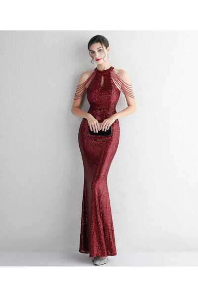 MODAS HALTER YAKA BONCUKLU PUL PAYET UZUN ABİYE ELBİSE