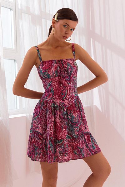 Naar Women's Strapless Collar Strap Regular Fit Patterned Short Red Dress Naar12116-Vi̇şne