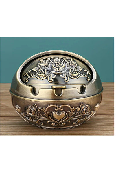 BABUN Vintage Dekoratif Antik Renk Otantik Oymalı Metal Kapaklı Kül Tablası K...
