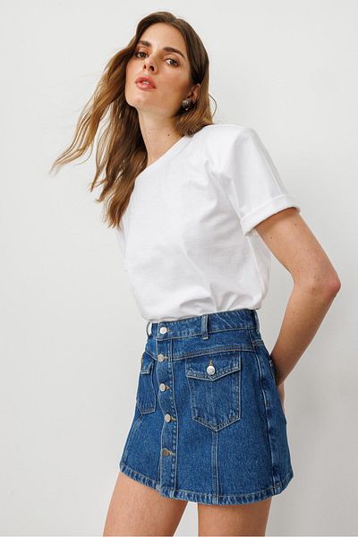pieces of melon Blue front button pocket denim mini skirt shorts