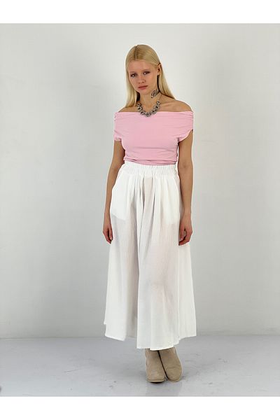 Miss Poem Women's Pleated White Linen Skirt with Pockets