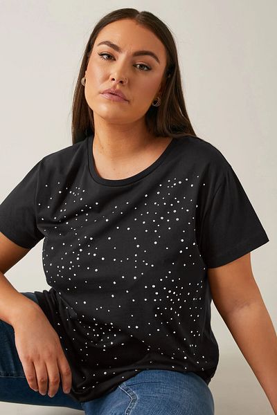 Stil Diva Plus Size Crew Neck Short Sleeve Stone Bonding Basic T-Shirt 615350