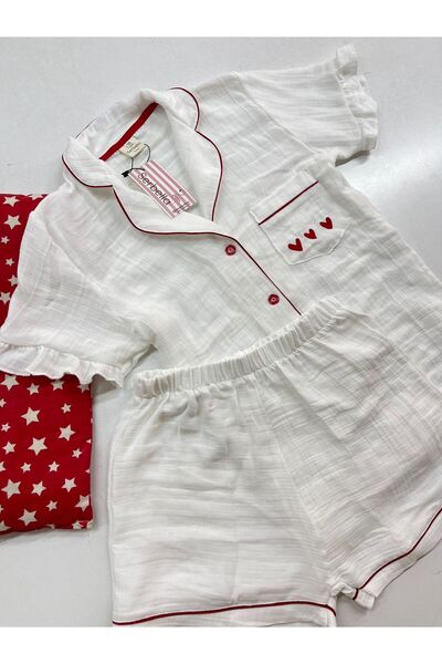 Serbella Red Love White Organic Muslin Shorts Pajama Set Cotton Anti-Sweat