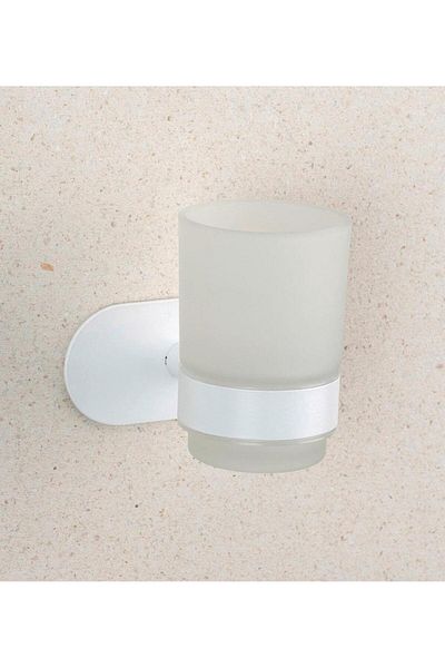Saban Wall Mounted Toothbrush Holder – Matte White, Stainless Steel Holder, Satin Glass Bowl, Adhesive Mo