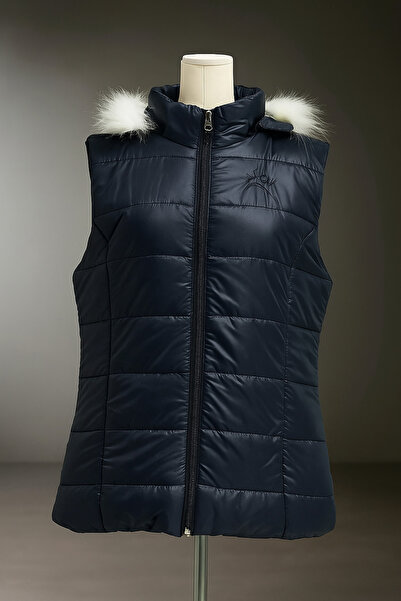 nacar çarşı Kız Çocuk Düz Tek Lacivert Renk Kapüşonlu Önü Fermuarlı Basıc Ince Şişme Dolum Yelek