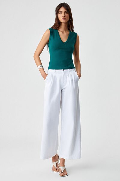 GRIMELANGE Lescosa Women Slim V Neck Sleeveless Dark Green Blouse