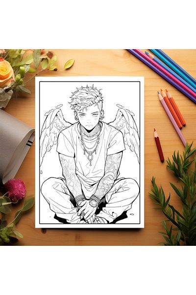 Legendary Gifts Adult Coloring Book, 50 Illustrations, Anime Angel Boys, 106 Pages, Format: A5