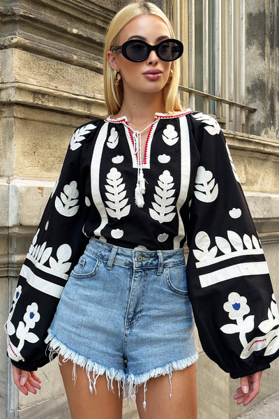 VAGGON Women's Black Boat Neck Tassel Detailed Embroidered Balloon Sleeve Woven Blouse Prmx9279