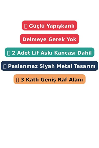 Kitchen Store Yapışkanlı 3 Katlı Siyah Banyo Rafı – Paslanmaz Metal Şampuanlık 2 Lif Askısı | Delmeden Montaj