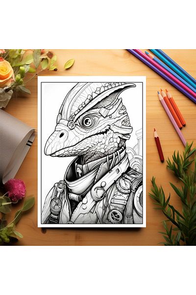 Legendary Gifts Anti-stress Coloring Book, 50 Illustrations, Steampunk Dinosaurs, 106 Pages, Format: A5